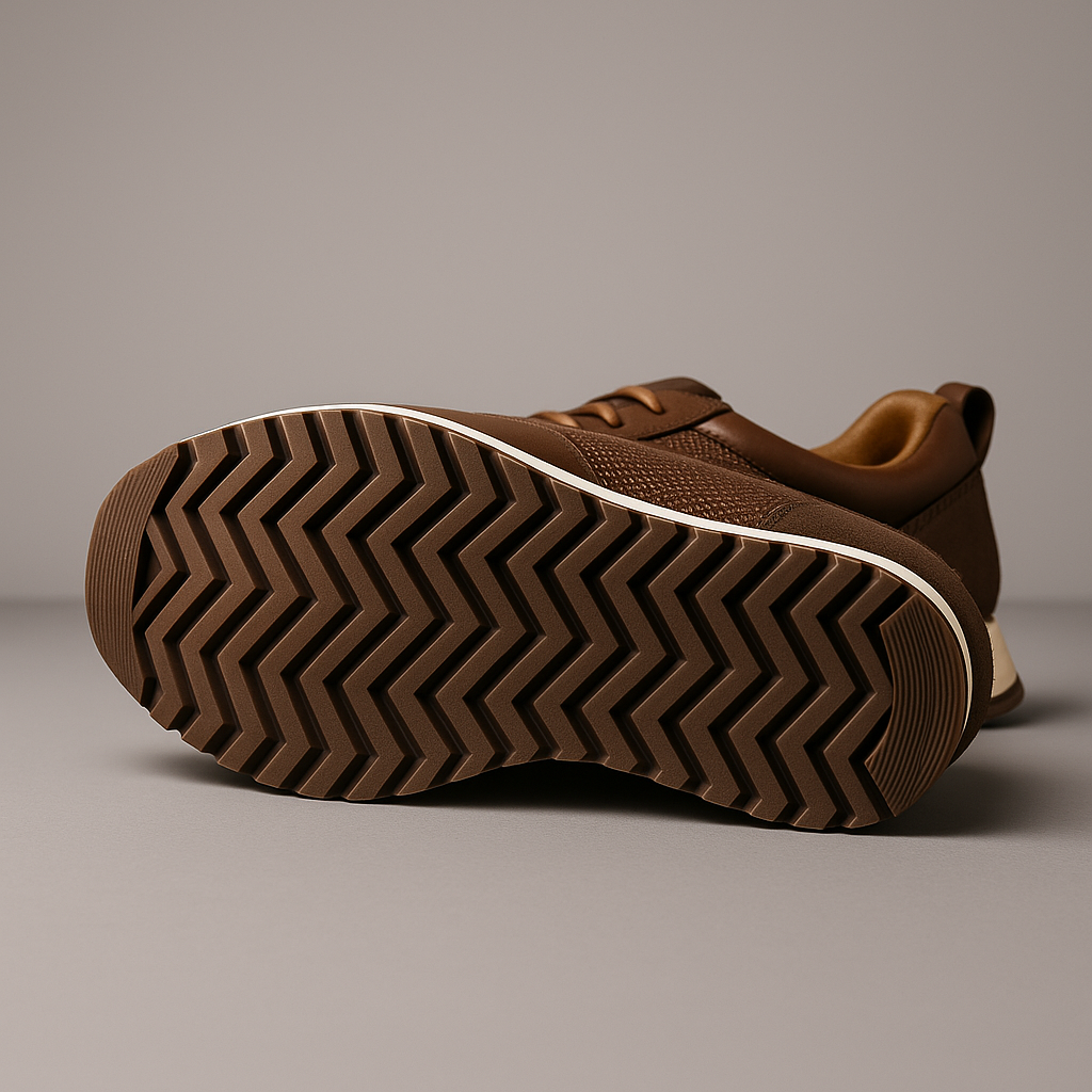 Brown leather men's orthopedic sneakers with zigzag tread sole, lace-up closure, and cushioned collar, shown from below.