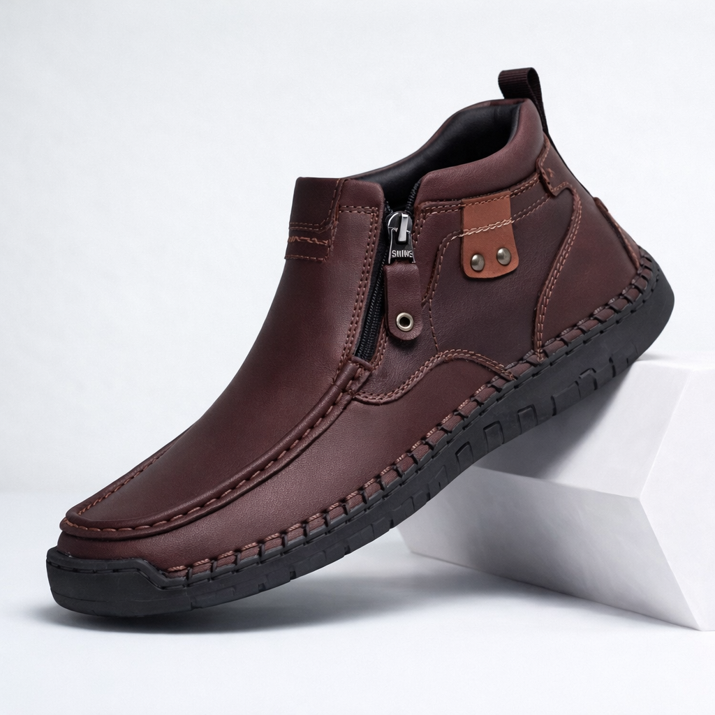 Dark brown men's leather ankle boots with side zipper, decorative stitching, metal rivets, and black rubber sole.
