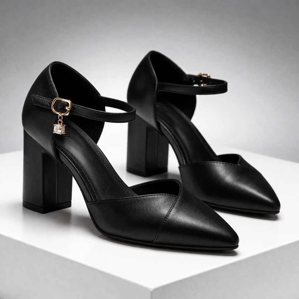 Black pointed-toe block heel pumps with ankle strap and gold buckle charm for women