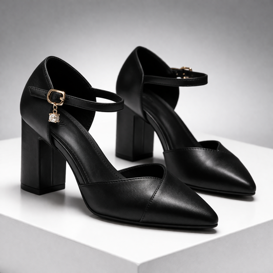 Black pointed-toe block heel pumps with ankle strap and gold buckle charm for women