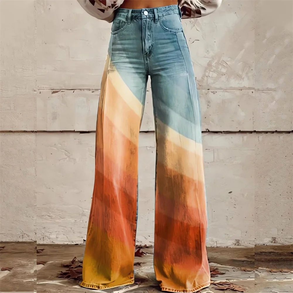 Women's high-waist wide-leg jeans with gradient tie-dye print in blue, orange, and yellow tones