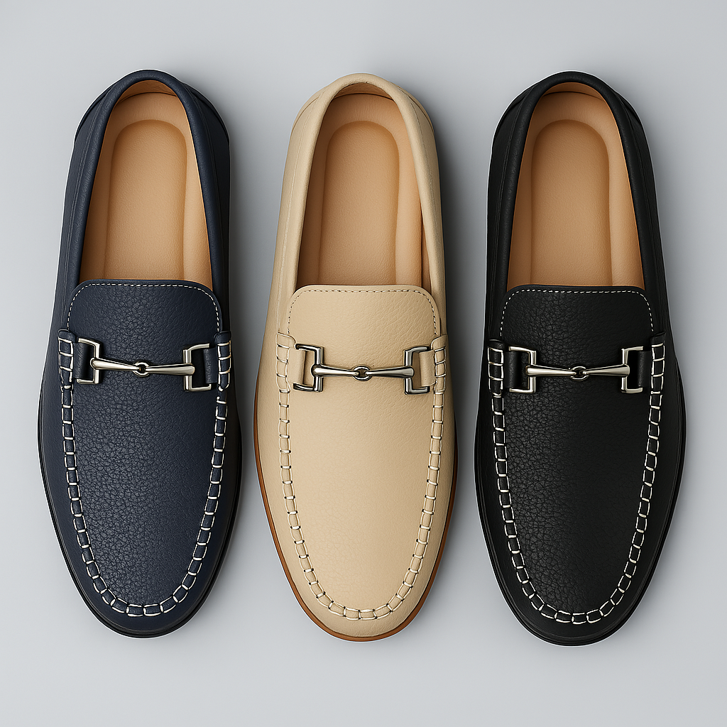 Three men's leather slip-on loafers with metal horsebit buckles in navy, beige, and black, shown from above.