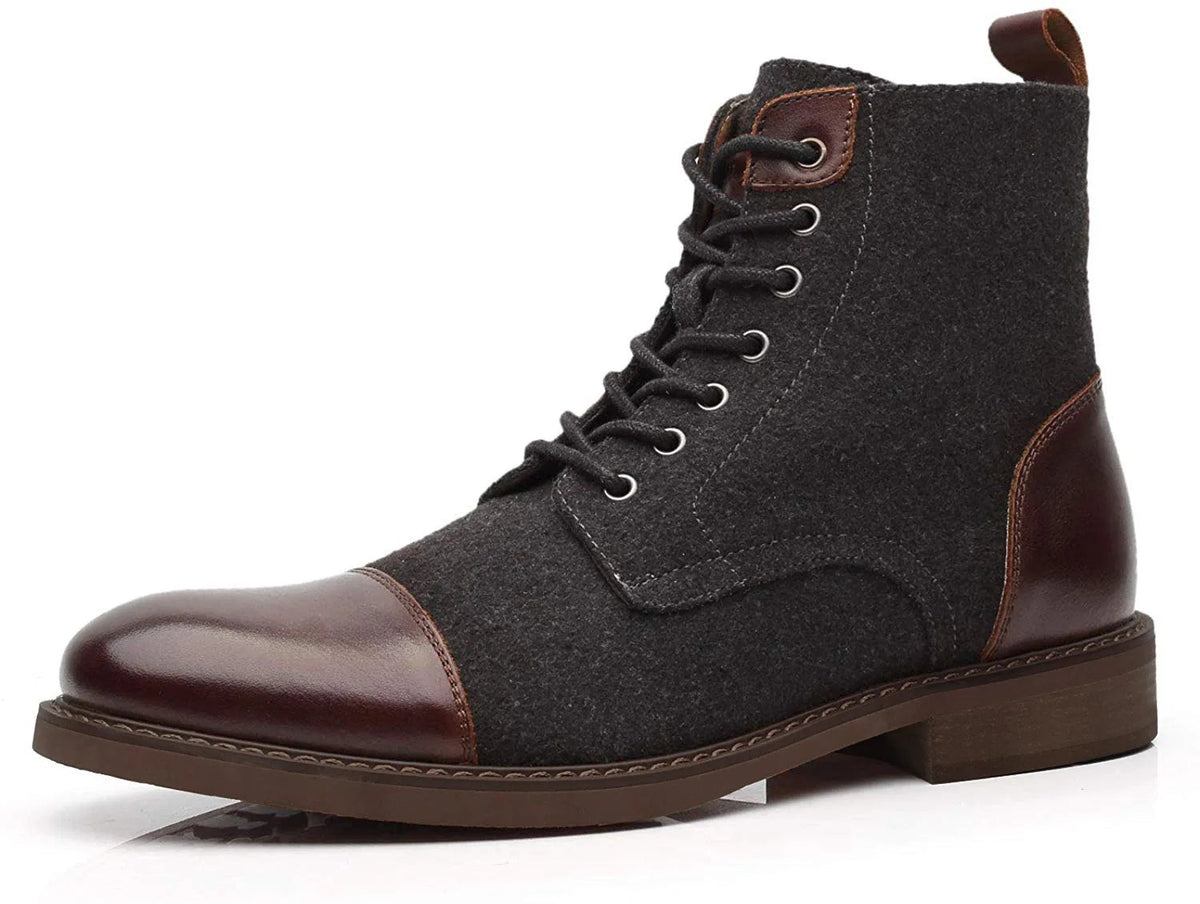 Men's lace-up ankle boots with charcoal wool upper, brown leather cap toe, silver eyelets, and brown rubber sole.
