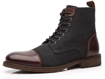 Men's lace-up ankle boots with charcoal wool upper, brown leather cap toe, silver eyelets, and brown rubber sole.