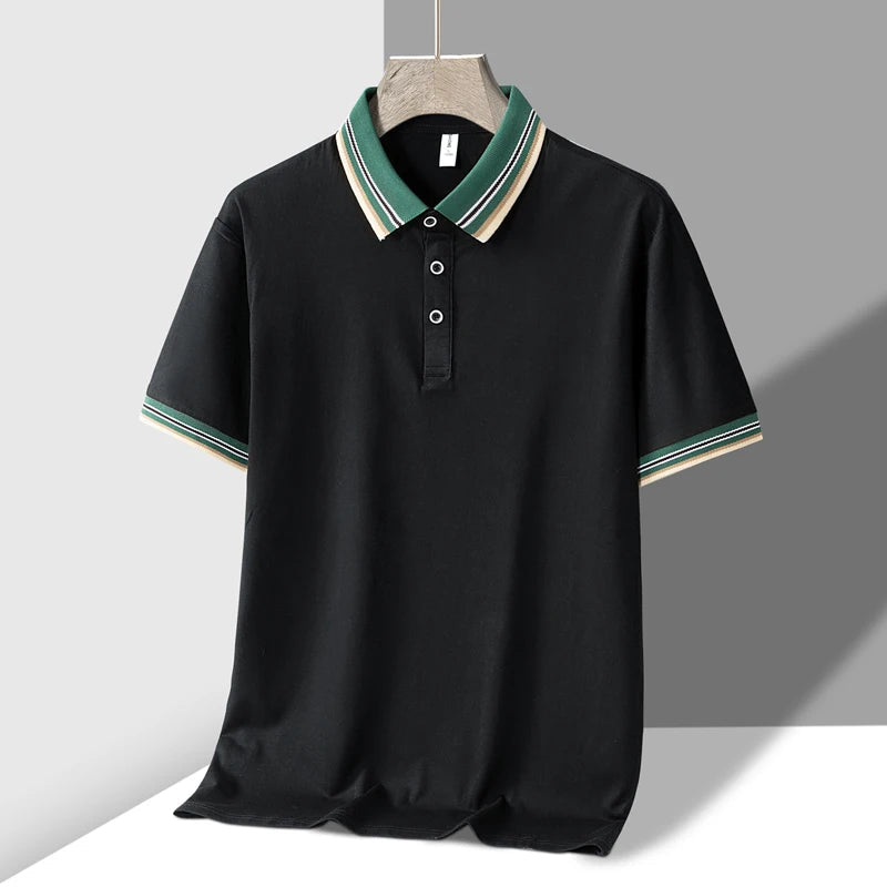 Black men's polo shirt with green and beige striped collar and sleeve cuffs, short sleeves, button placket