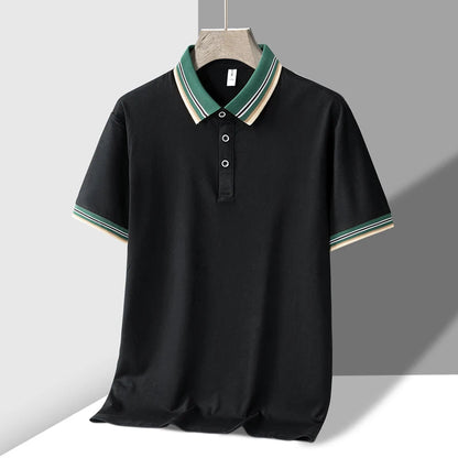 Black men's polo shirt with green and beige striped collar and sleeve cuffs, short sleeves, button placket