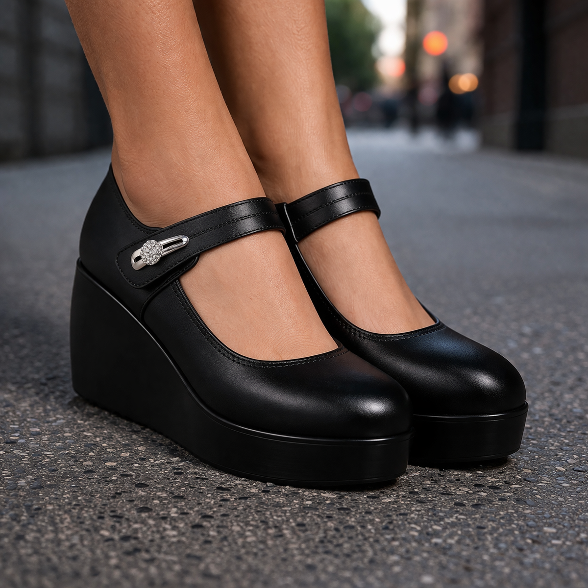 Black leather platform Mary Jane wedge shoes with ankle strap and crystal buckle detail, worn on city street pavement.