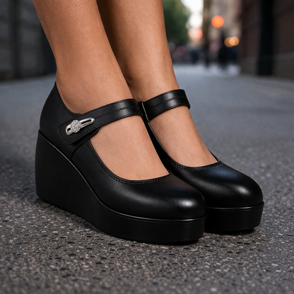 Black leather platform Mary Jane wedge shoes with ankle strap and crystal buckle detail, worn on city street pavement.