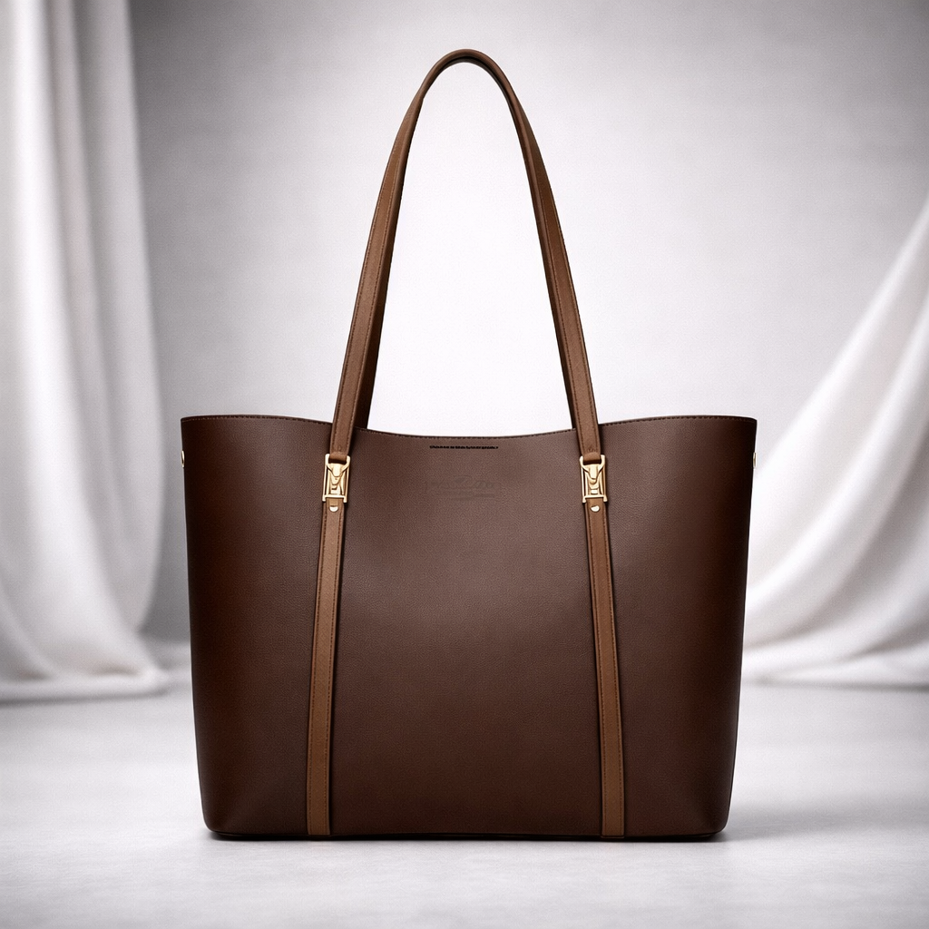 Brown leather women's tote bag with tan straps, gold hardware buckles, structured silhouette, displayed against white draped background