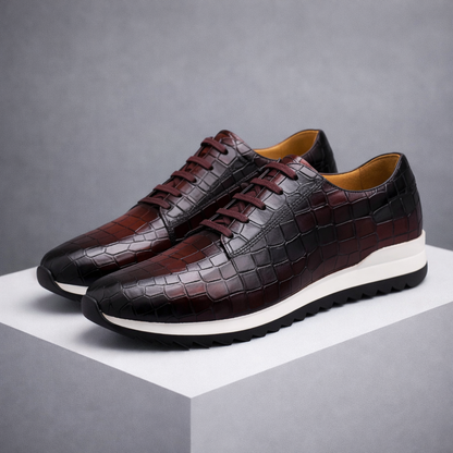 Men's croc-embossed leather sneakers in burgundy and black with white sole and lace-up design