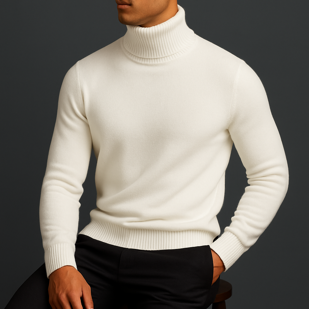 Men's cream white merino wool turtleneck sweater with ribbed collar and cuffs on dark background