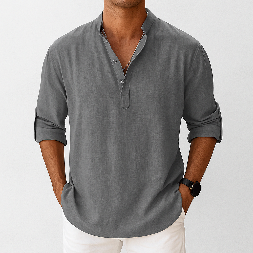 Men's gray linen henley shirt with rolled sleeves and button placket, casual lightweight summer top