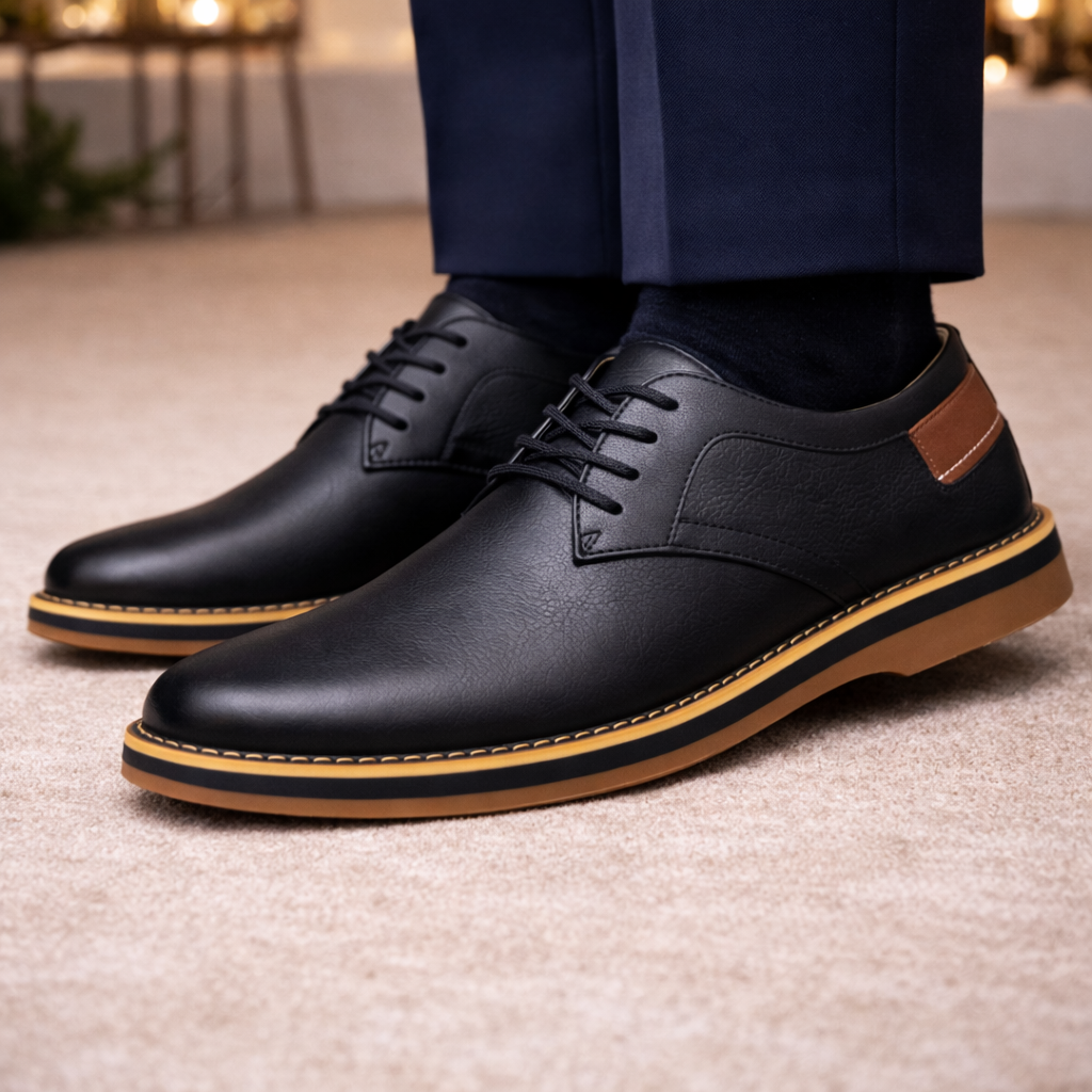 Black leather lace-up dress shoes with tan sole and heel accent, worn with navy trousers and dark socks on carpet.