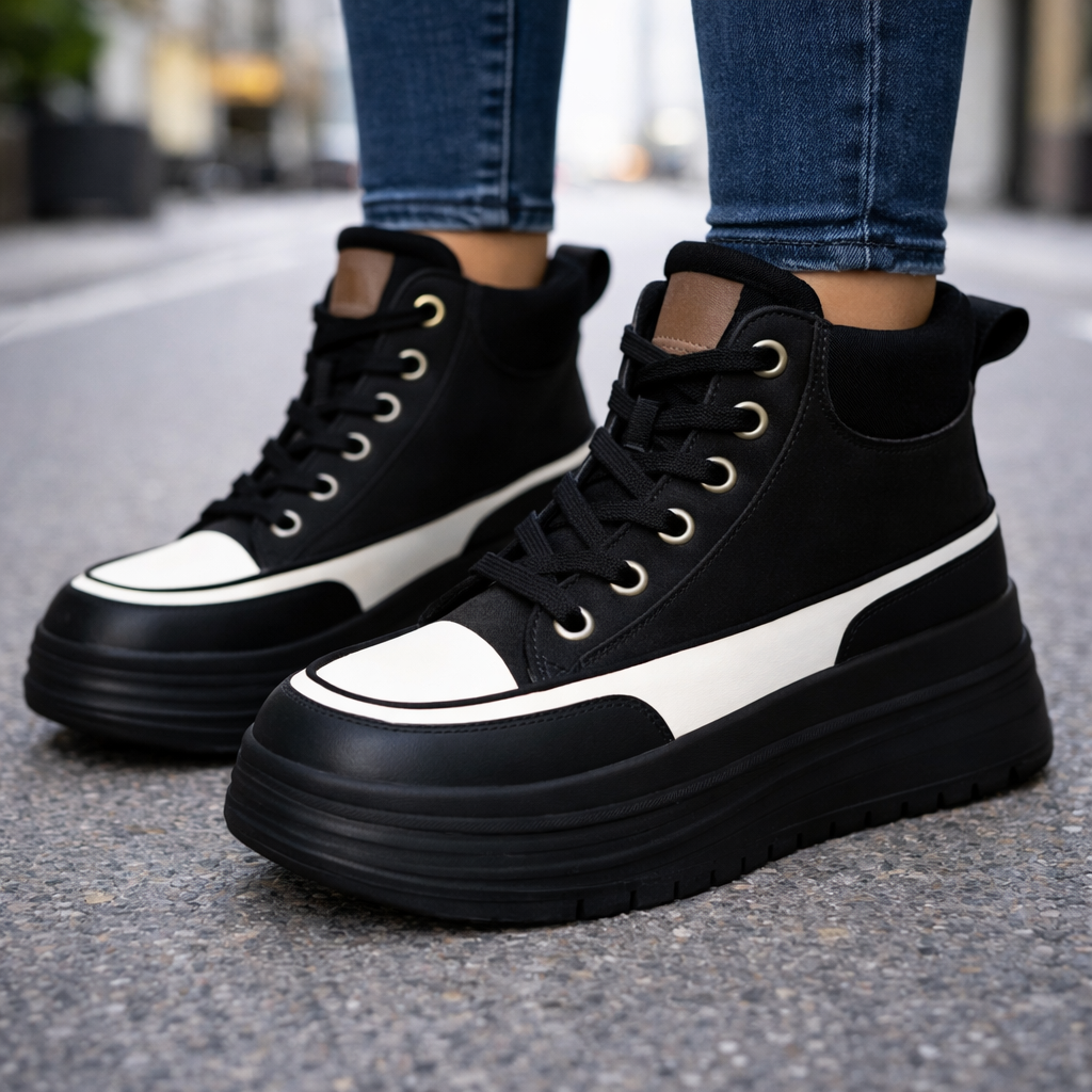 Black and white women's platform high-top lace-up sneakers with chunky sole, worn with blue jeans on pavement.