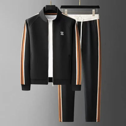 Black zip-up track jacket and jogger pants set with brown and white side stripes and ZL logo embroidery