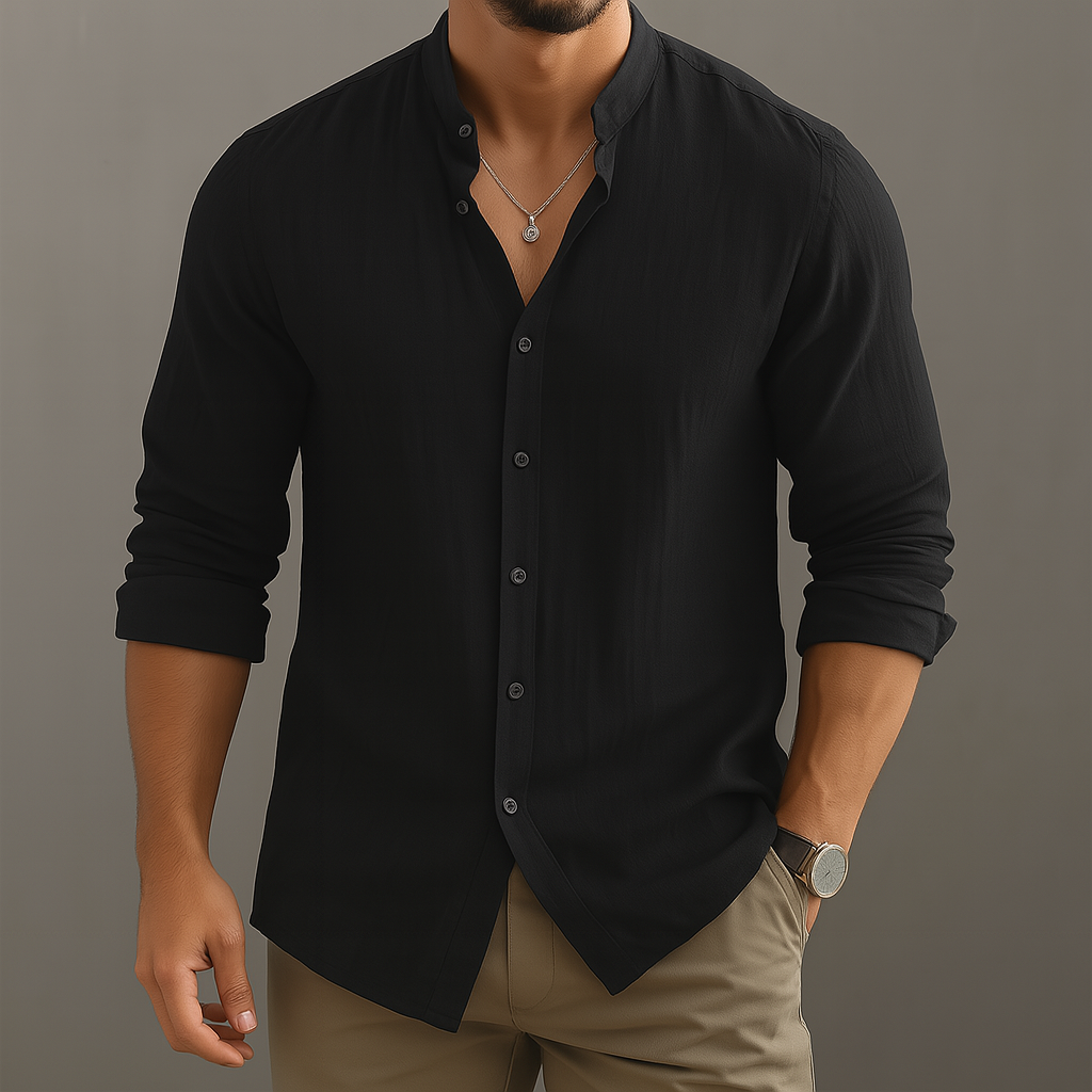 Black linen band collar shirt for men with rolled sleeves styled with khaki pants and silver watch