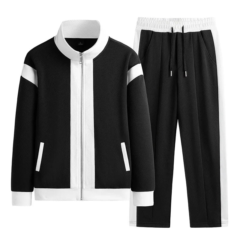 Black and white men's full-zip tracksuit set with contrast stripe jacket and matching drawstring jogger pants