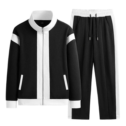 Black and white men's full-zip tracksuit set with contrast stripe jacket and matching drawstring jogger pants