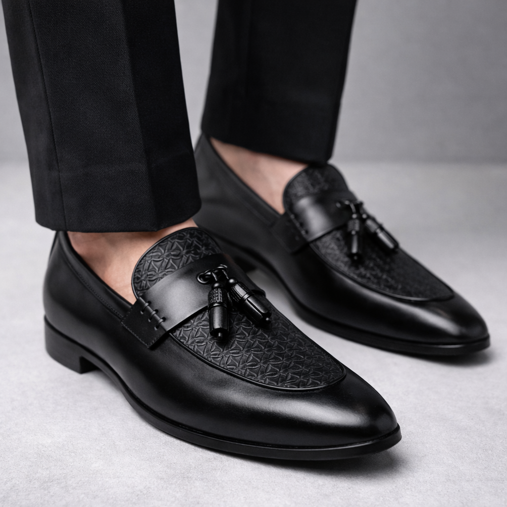 Black leather tassel loafer dress shoes with embossed pattern vamp, worn with black trousers on gray background.