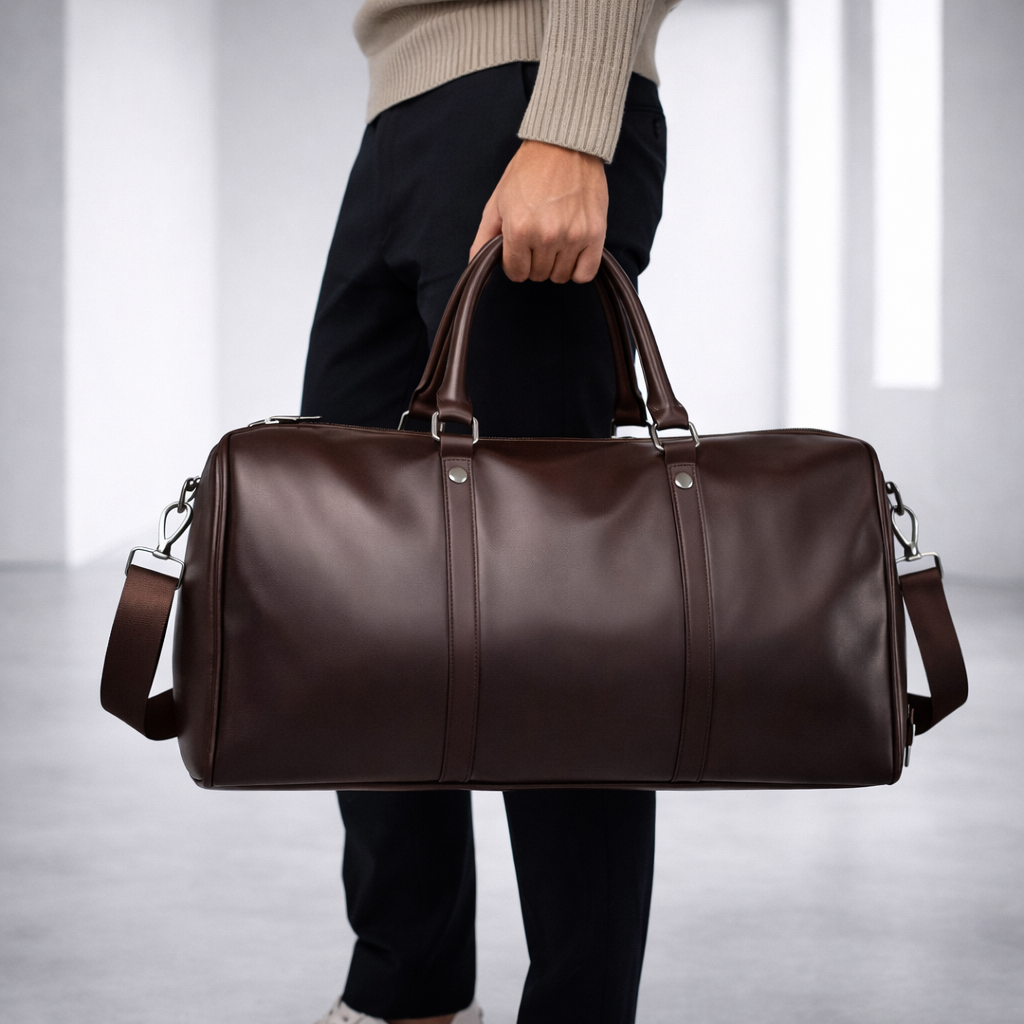 Brown leather duffle bag with shoulder strap and handles held by man in beige sweater and black pants