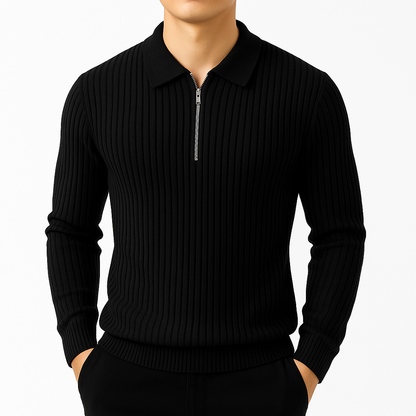 Black ribbed knit quarter-zip sweater with collar and silver zipper, slim fit long sleeve mens pullover