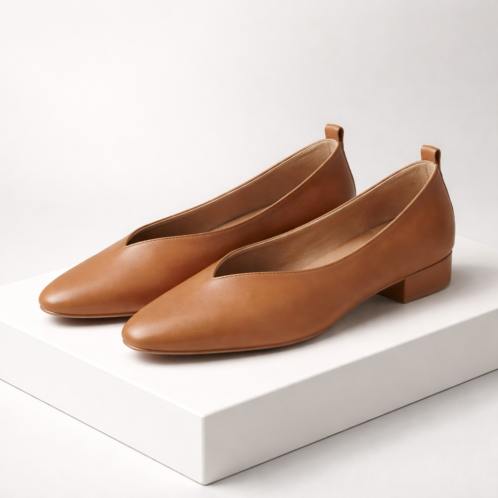 Women's tan brown Italian leather block heel orthopedic pumps with low heel on white display platform