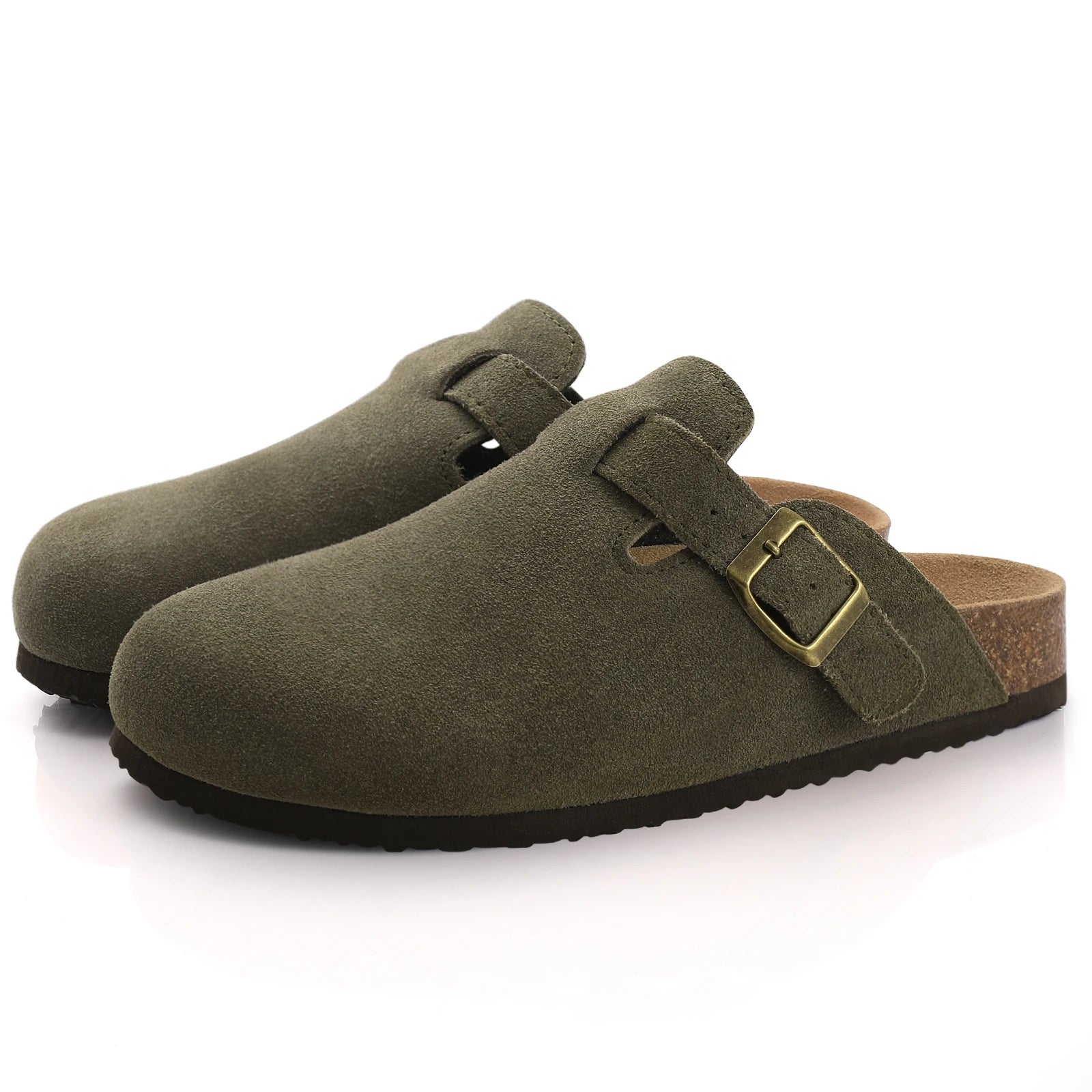 Olive green suede slip-on clogs for men with gold buckle strap and cork footbed sole.