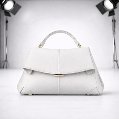White structured leather top handle handbag with gold hardware clasp and flap closure, photographed in professional studio lighting.