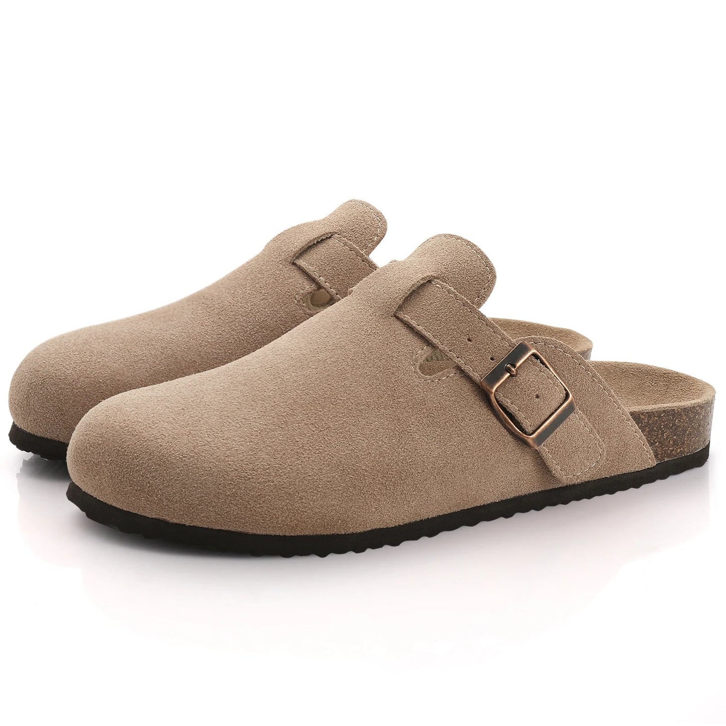 Tan suede slip-on clogs with bronze buckle strap, cork footbed, and dark rubber sole, shown as a pair.