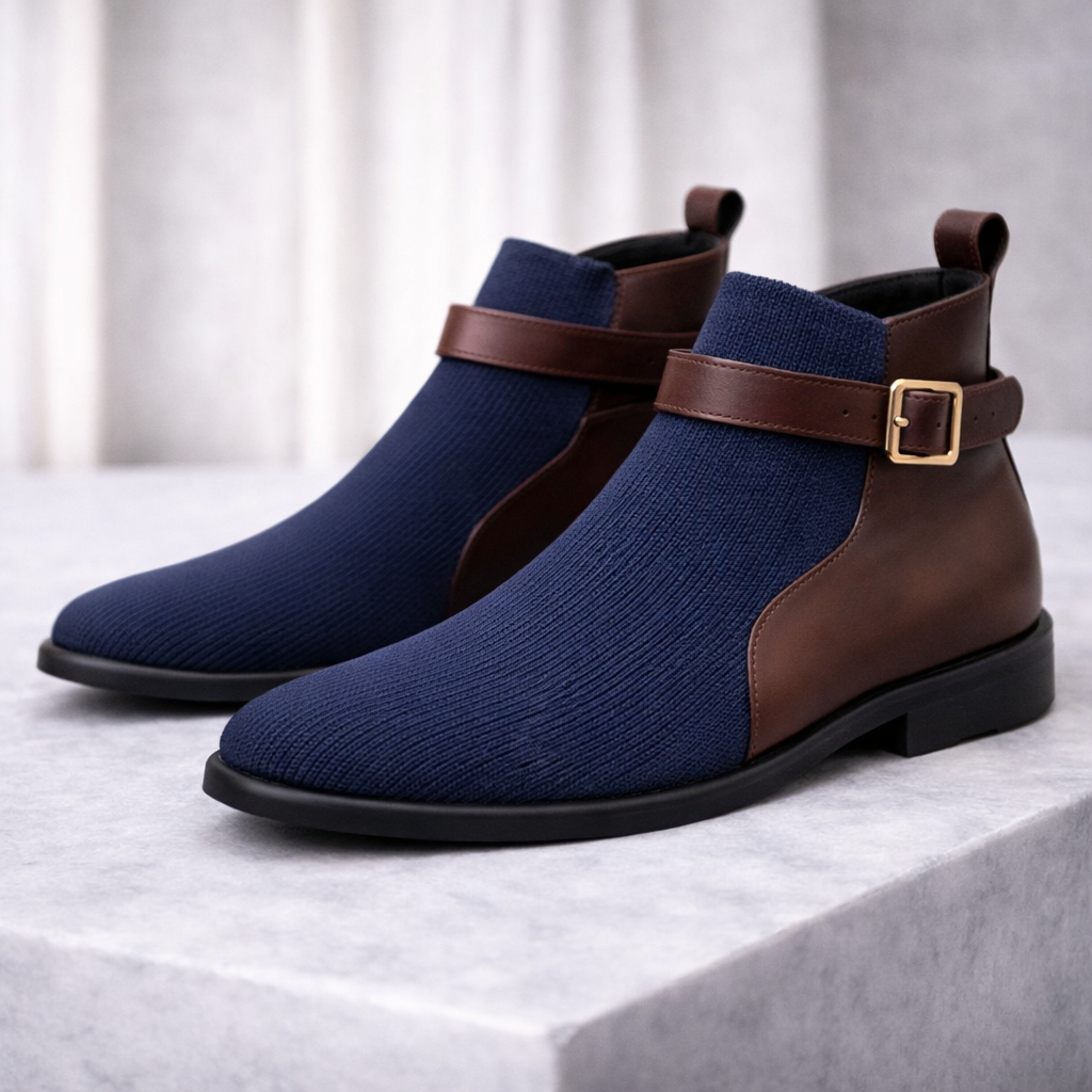 Navy blue and brown leather men's Chelsea boots with gold buckle strap and black sole on concrete surface