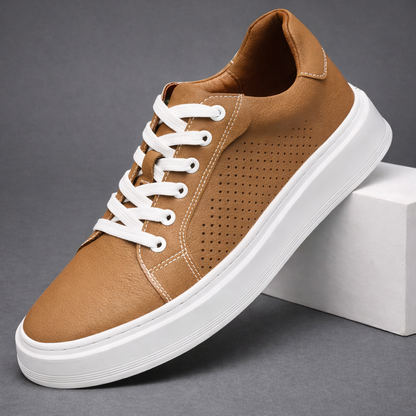 Men's brown leather lace-up sneakers with white sole and perforated breathable detail casual footwear
