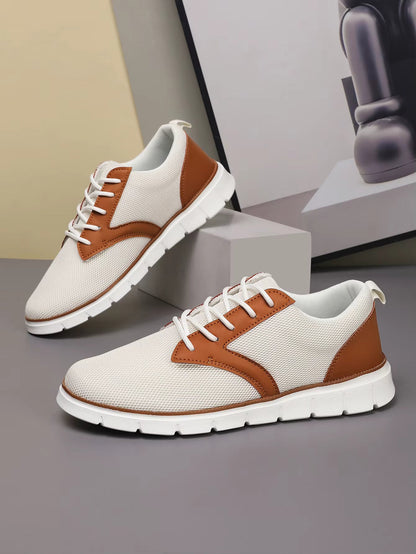 White and brown two-tone canvas leather orthopedic sneakers with lace-up closure and cushioned white sole