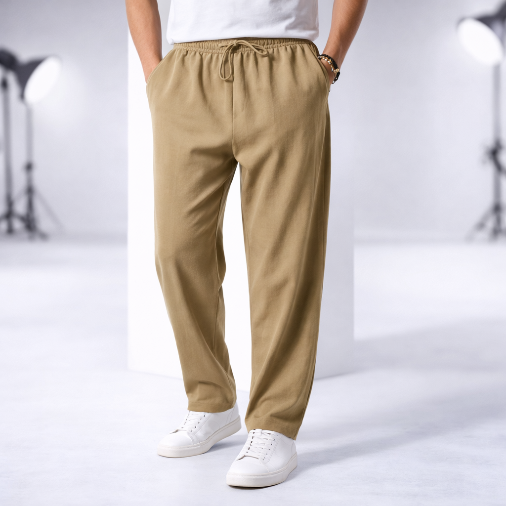 Men's beige cotton drawstring pants with elastic waist and pockets casual loose fit trousers