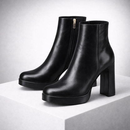 Black Italian leather women's ankle boots with block heel, platform sole, and gold side zipper closure