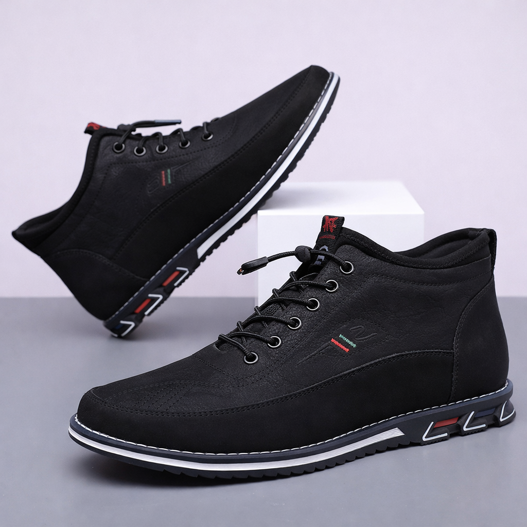 Black Torven leather mid-top men's sneakers with lace-up closure, decorative sole accents, and ankle support.