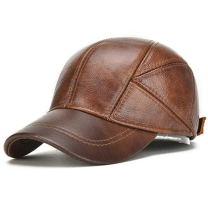 Brown leather baseball cap for men with adjustable strap and stitched panel design