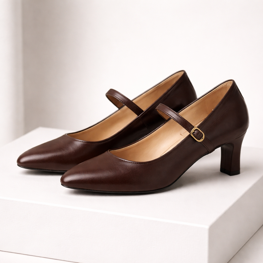Dark brown leather Mary Jane block heel pumps with pointed toe and gold buckle strap, displayed on white surface.