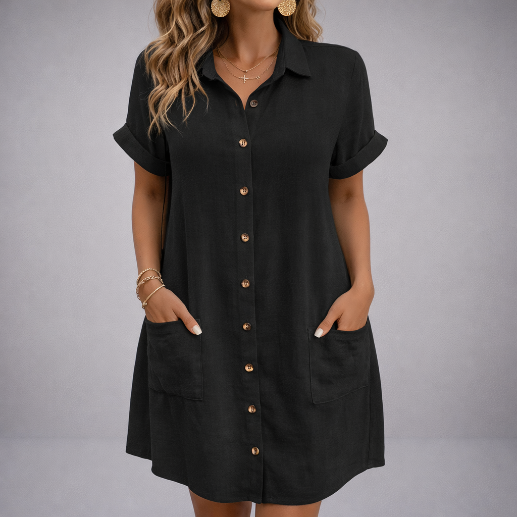 Black women's linen blend short sleeve button-up shirt dress with front pockets and rolled cuffs