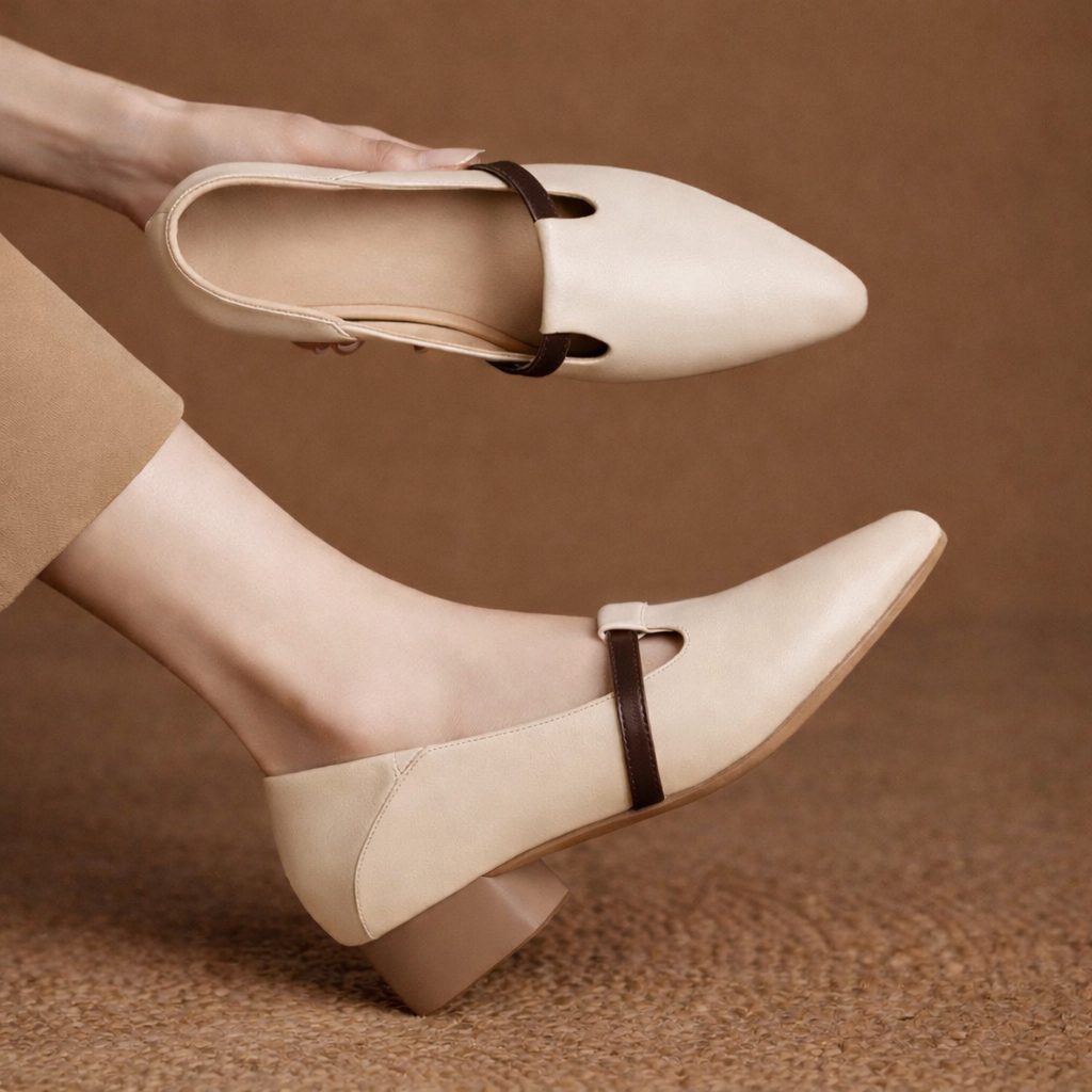 Cream pointed-toe T-strap flats with brown leather accent for women, flat heel ballet style shoes