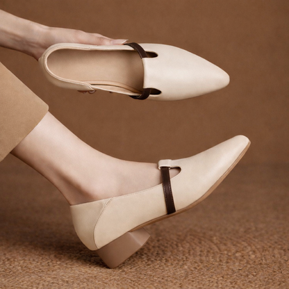 Cream pointed-toe T-strap flats with brown leather accent for women, flat heel ballet style shoes