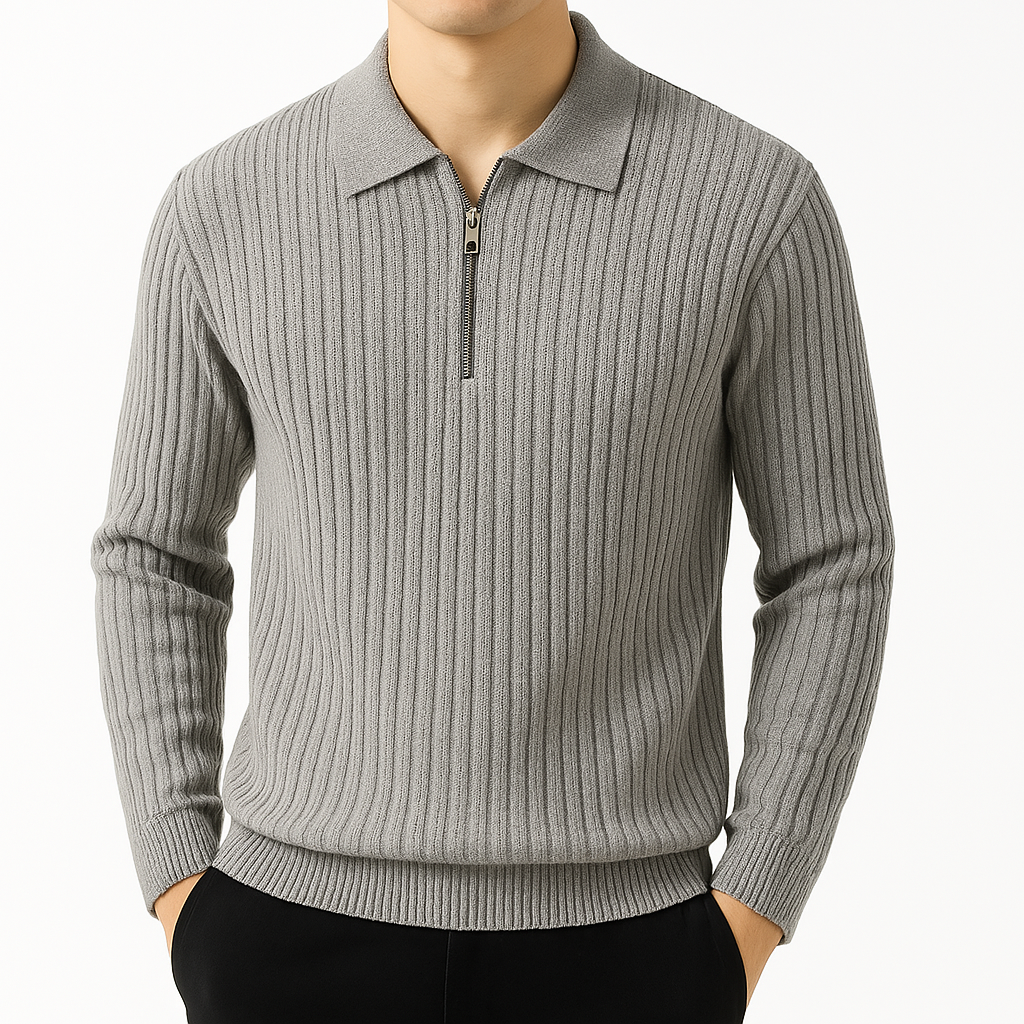 Gray ribbed quarter-zip sweater with collar for men, long sleeve knit pullover with zipper detail