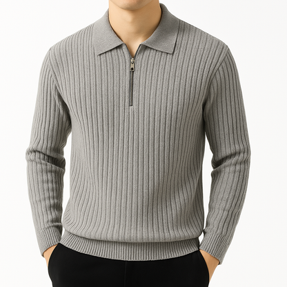 Gray ribbed quarter-zip sweater with collar for men, long sleeve knit pullover with zipper detail
