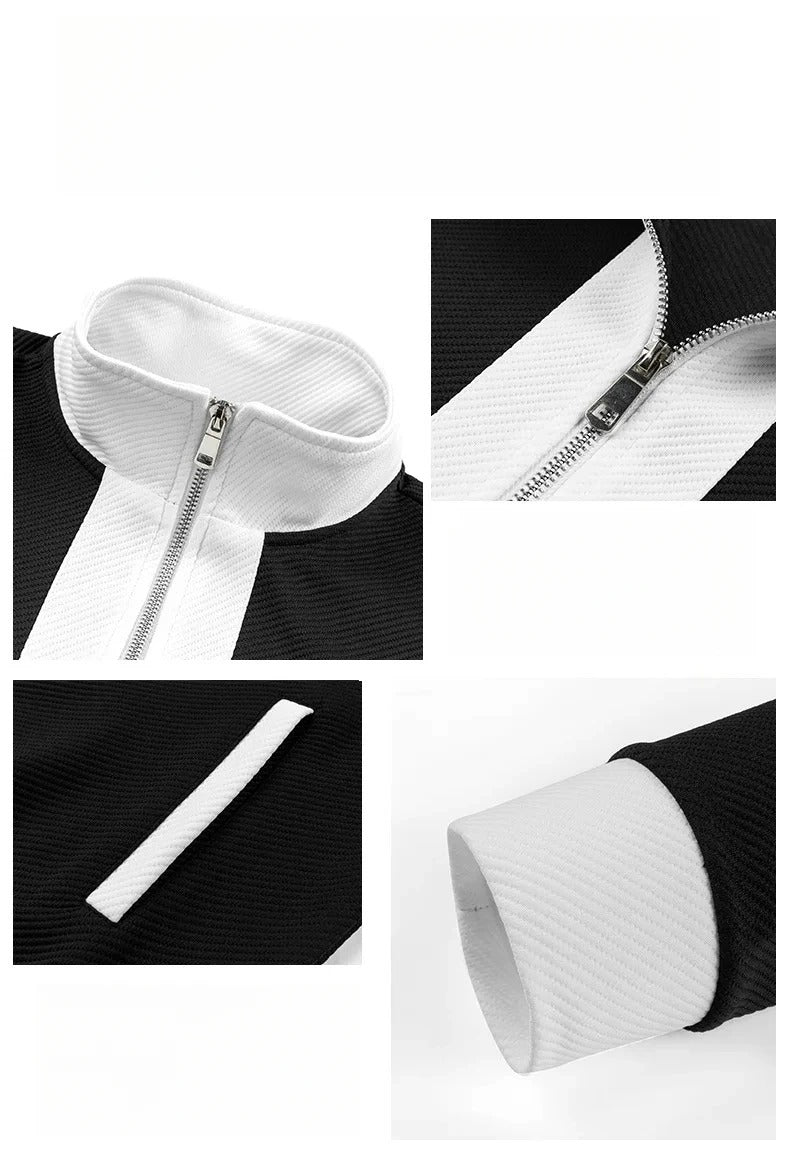 Close-up details of black and white men's full-zip tracksuit showing collar zipper, stripe accents, and white cuffs.