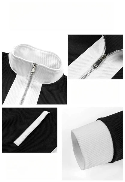 Close-up details of black and white men's full-zip tracksuit showing collar zipper, stripe accents, and white cuffs.