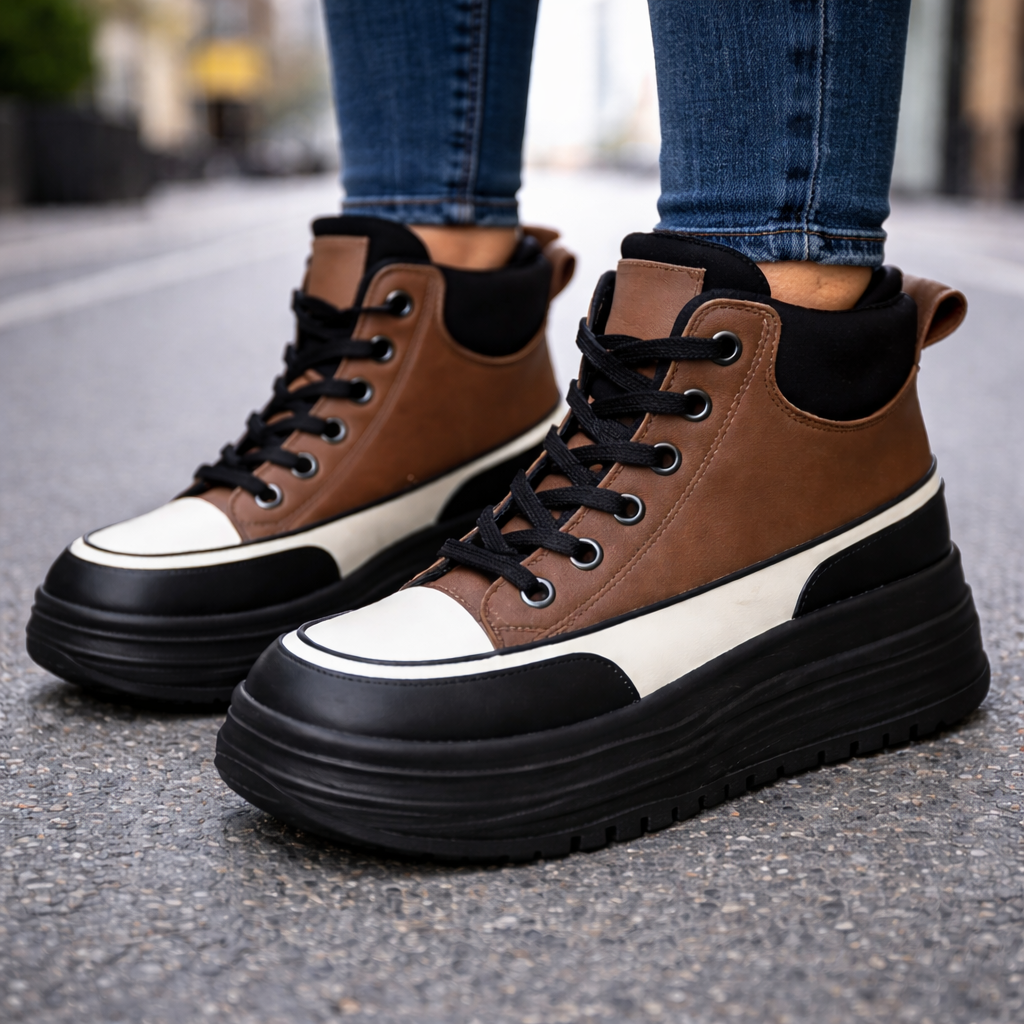 Women's brown and black high-top platform sneakers with white accent stripe, black laces, and chunky sole, worn with jeans.