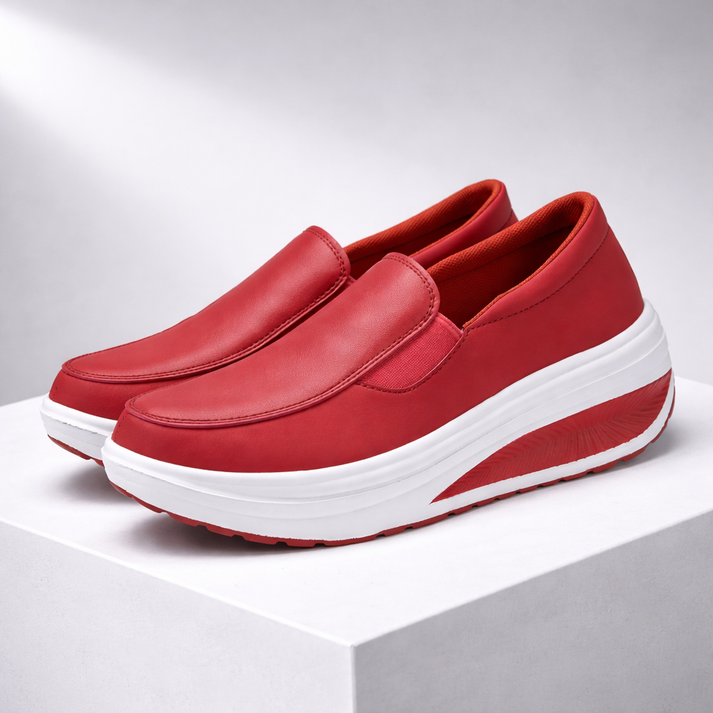 Red slip-on platform sneakers for women with smooth leather upper, elastic side panels, and thick white sole.
