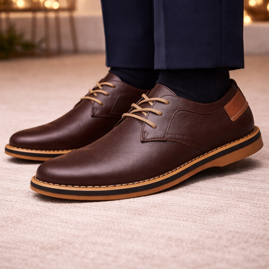 Brown leather lace-up dress shoes for men with tan contrast stitching and beige laces on casual oxford style footwear