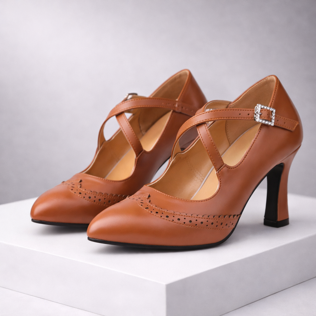 Tan leather block heel pumps with T-strap and brogue detailing for women
