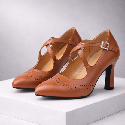 Tan leather block heel pumps with T-strap and brogue detailing for women