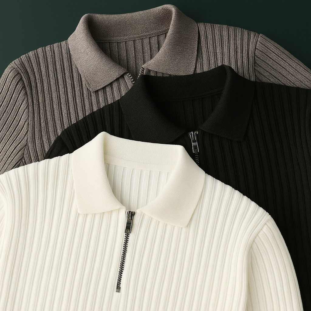 Three ribbed quarter-zip polo sweaters layered together in white, black, and gray colorways showing collar and zipper detail.